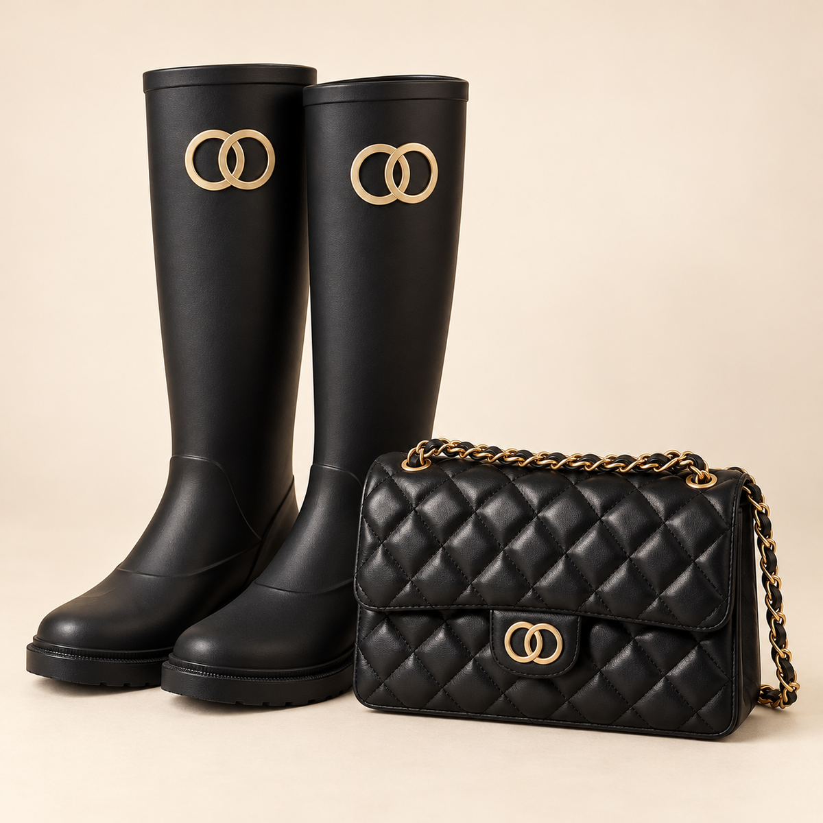 BLACK wellies and classic flap bag SET